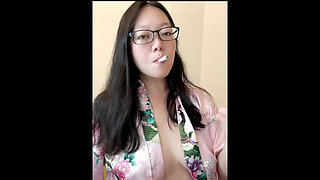 Real Smoking Asian Girl POV: Coming Home to Hot Asian Flashing Her Perky MILF Boobs While Smoking Little Cigars