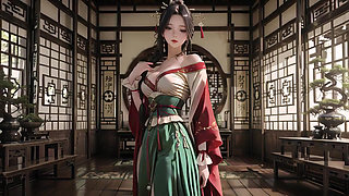 The Red-Robed Goddess in a sun-dappled secret garden, lazily turning her head with golden halos and a coy smile