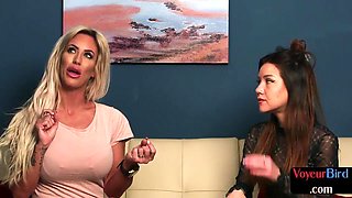 Voyeur busty tattooed MILF teases wanker with 21yo BFF