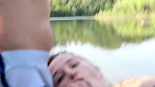 Big-Titted Babe Blows a Nerd on the Beach