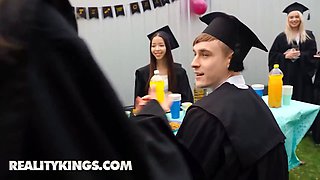 Little Angel sneaks a BJ & takes a wild ride on her boyfriend's hard cock at graduation party