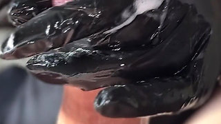 Stepmom with Giant Tits Wearing Black Latex Gloves Is Jerking Me off