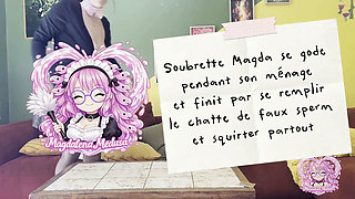 French Maid Dildos Herself, Fills Her Pussy with Fake Sperm and Squirts Everywhere
