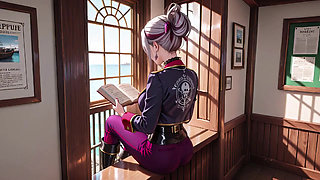 Silver-Haired Pirate Queen! Sun-drenched ship cabin, navy uniform slightly damp, kneeling with a teasing gaze.