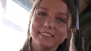 Sweet college girl is about to take off her clothes in the bus and have casual sex