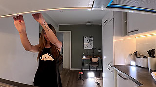 Sexy and hot girl in the kitchen of dormitory only with a nightie gets bored and ignored