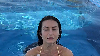 Rooftop Pool Cleavage Tease in Tiny Bikini