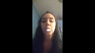 Busty mature woman playing with the cream all around her