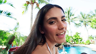 Bubble butt babe fucked outside near a pool with people around