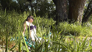 Bitch teen sunbathing private beach naked pussy masturbation doggy style satisfying herself without toys in public place