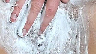Shaving a Very Hairy Pussy with a Trimmer and a Razor with Shaving Foam!