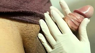 Sexy Doctor Blowjobs Patient's Cock with Latex Gloves -