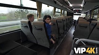 VIP4K. Pretty big titted lady is fucking in the bus