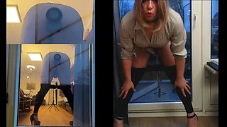 Sissy in Leggins playing with Dildo on balcony