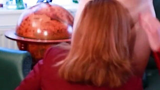 MILF with Big Tits Teaches College Girl to Suck Dick