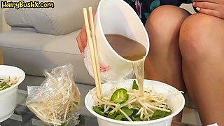 Hairy Asian drilled by big white dick in tight pussy hole