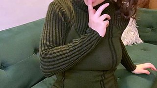 Busty curly brunette with big boobs fucks on couch