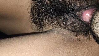 Sucking Hairy Creamy pink pussy of my girlfriend and playing with pussy boobs