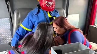Freaky firefighters have fun sharing cock in hot threesome