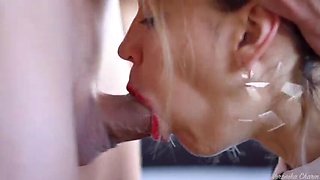 Sexy Blonde Secretary With Red Lips Gives Slow Blowjob To Boss - Cum In Mouth & Face Fucking