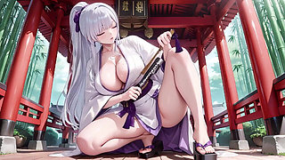 Silver-haired Miko Shrine Secrets! Half-unbuttoned White Kimono, Kneeling Poses and Intense Eye Contact.