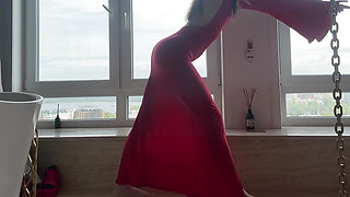 yoga in tight transparent red dress