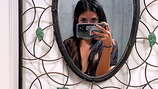 Small titted model in lingerie riding stud