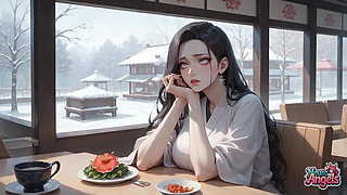 Sexy, Dirty Seduction in a Snowy Café with Kimono Cream Drip - Horny, Hardcore Porn!