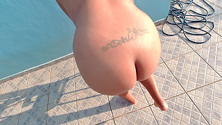 Exhibitionism in the Pool Fucking in the Backyard and Cum in the Hairy Slut's Mouth!