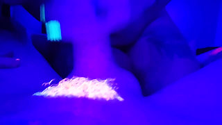 Blacklight Goth Girl with Neon Hair Edges Big Dick with Crazy Massage Gun Toy Gets Huge Cumshot