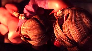 Werewolf receiving blowjob from two girls