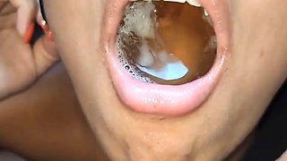 Making a pool of piss and cumming inside her mouth