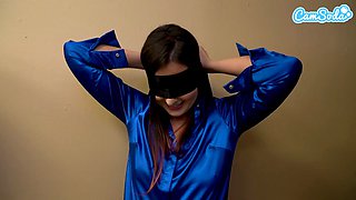 Blindfolded teen cums in her stepmoms panties