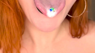 BBW Redhead Miley Coxxx Spit Fetish-- Mouth Close up -- Pierced Tongue
