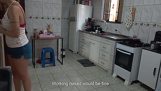 Maid gets naked while working at the boss's request.