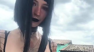 Busty curly brunette with big boobs fucks on couch