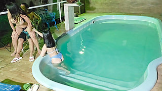 Caught in the Act! Two Brunettes Caught Masturbating in the Condo's Pool