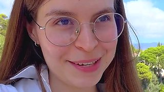 Sexy German dark-haired babe with meaty funbags drains her