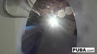 Leya Falcon applies the shower head on her ass.