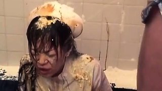 Asian girl gets a piss bukkake