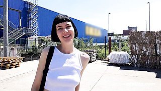 Black haired Delfine flashes her hairy pussy and plays in a store aisle
