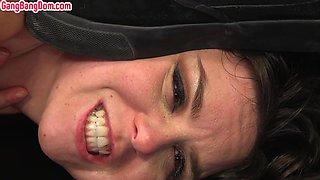 Gangbanged bitch fucked hardcore in asshole in doggystyle