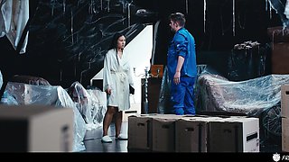Sexy asian girl with nice body gets frozen in time and thoroughtly inspected by a lucky repairman