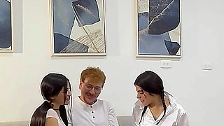 Little Schoolgirls Get Threesome Fucking the Nerd in Class