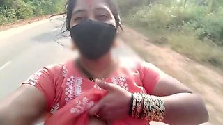 Indian teen with big natural tits rides bike nude in public place - risky outdoor show
