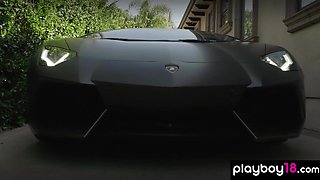 Petite blond and nude GF washing a car