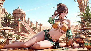 Green Gold Queen Coronation! Lazy side-lying in the desert palace, fingers teasing hair and veil, sun-kissed skin glistening.