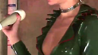 Horny lezdom wearing latex whipping tied beauty