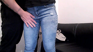 Grobbing amateur ass and fingering pussy in blue jeans