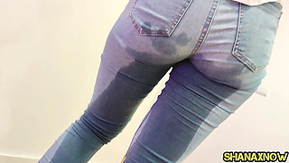 Pissing in Tight Blue Jeans Soaked Panties Wetting Pants